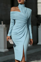 Asymmetric High Neck Long Sleeve Midi Dress - Cararush