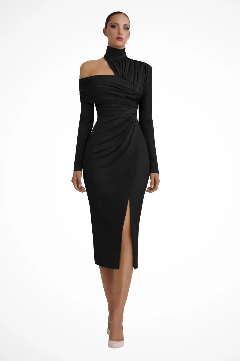 Asymmetric High Neck Long Sleeve Midi Dress - Cararush