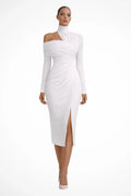 Asymmetric High Neck Long Sleeve Midi Dress - Cararush