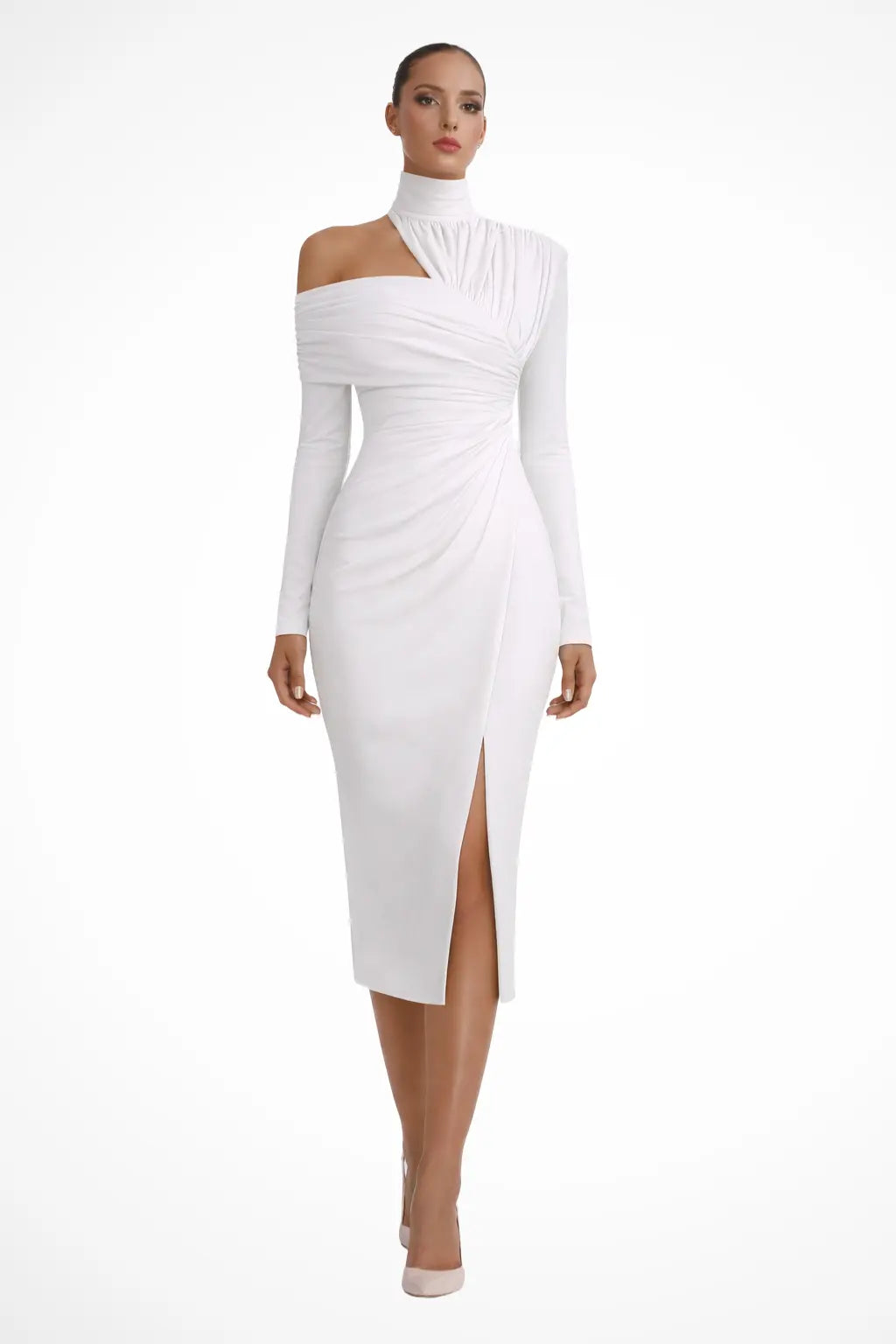 Asymmetric High Neck Long Sleeve Midi Dress - Cararush