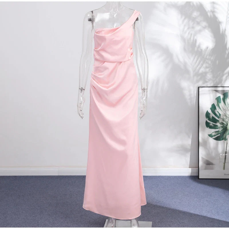 One-Shoulder Satin Floor-Length Maxi Dress Delvore