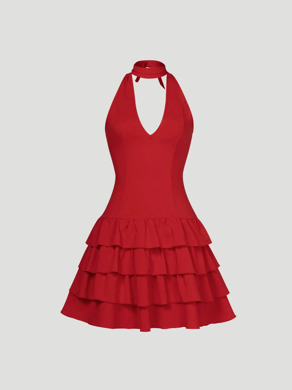 Halter V-Neck Tiered Ruffle Mini Dress Delvore