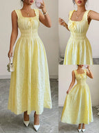 Yellow Smocked Square Neck Midi Dress Delvore