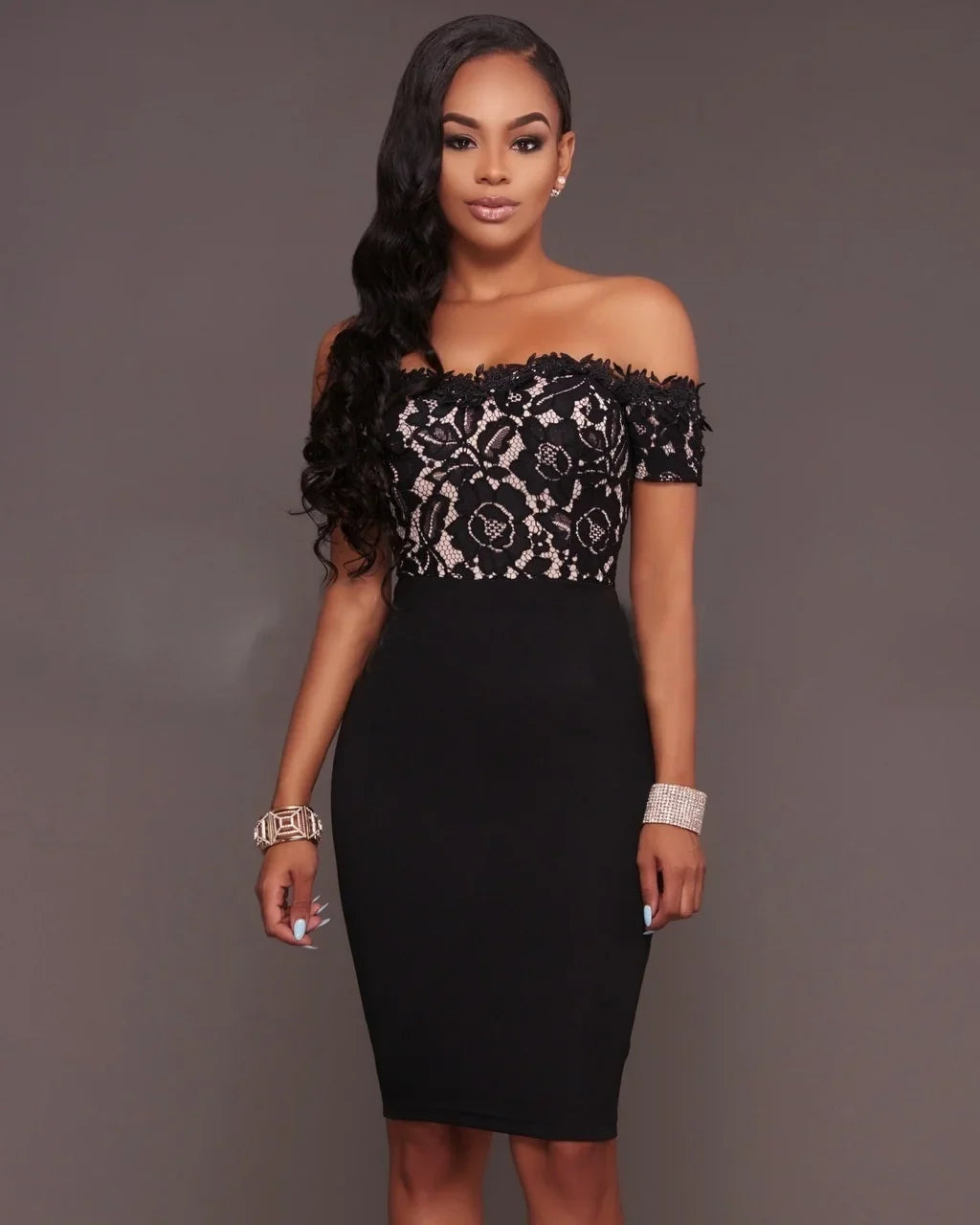 Off-Shoulder Lace Patchwork Knee Dress Delvore