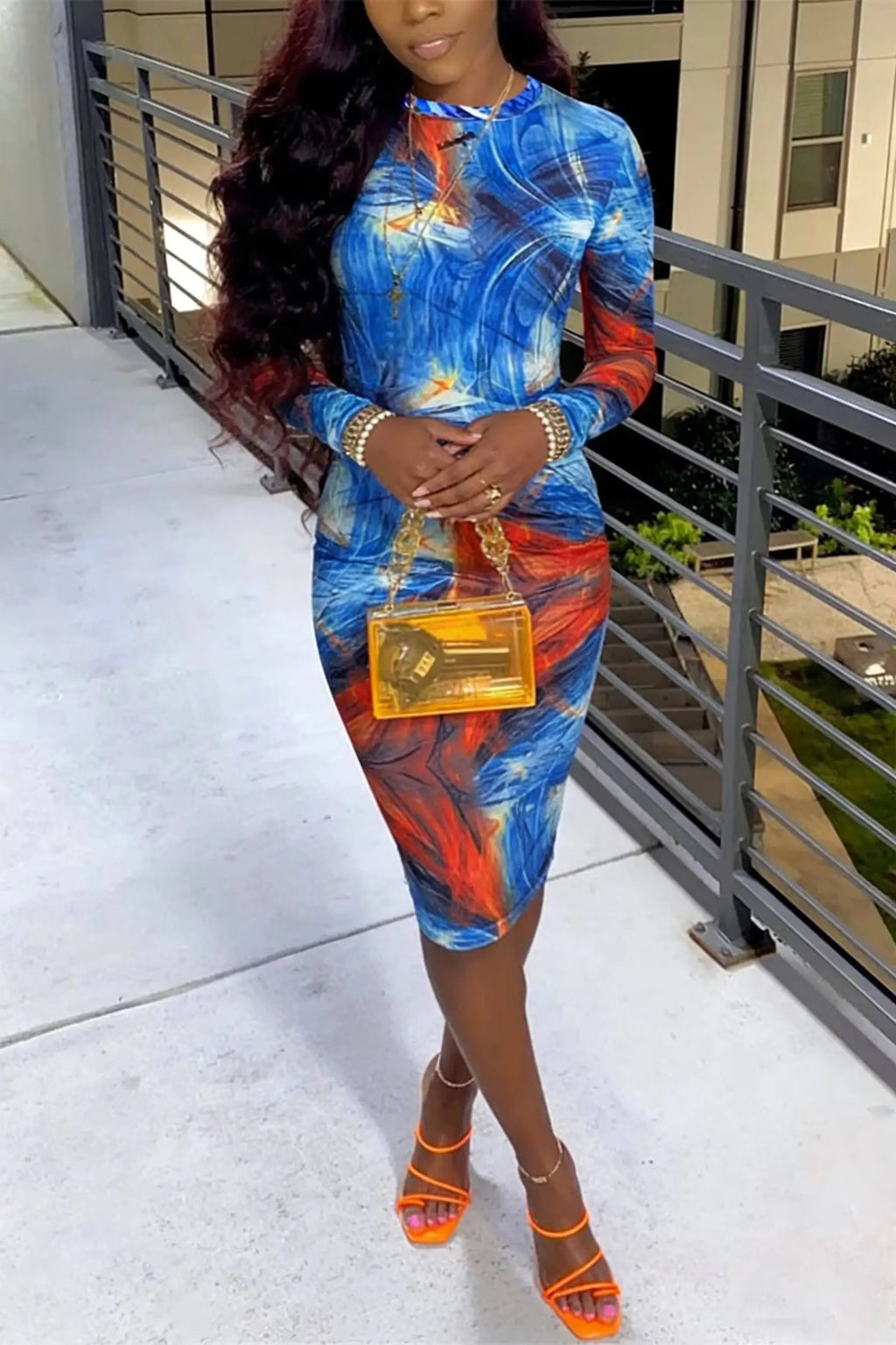Tie-Dye Mesh Long Sleeve Bodycon Midi Dress Delvore