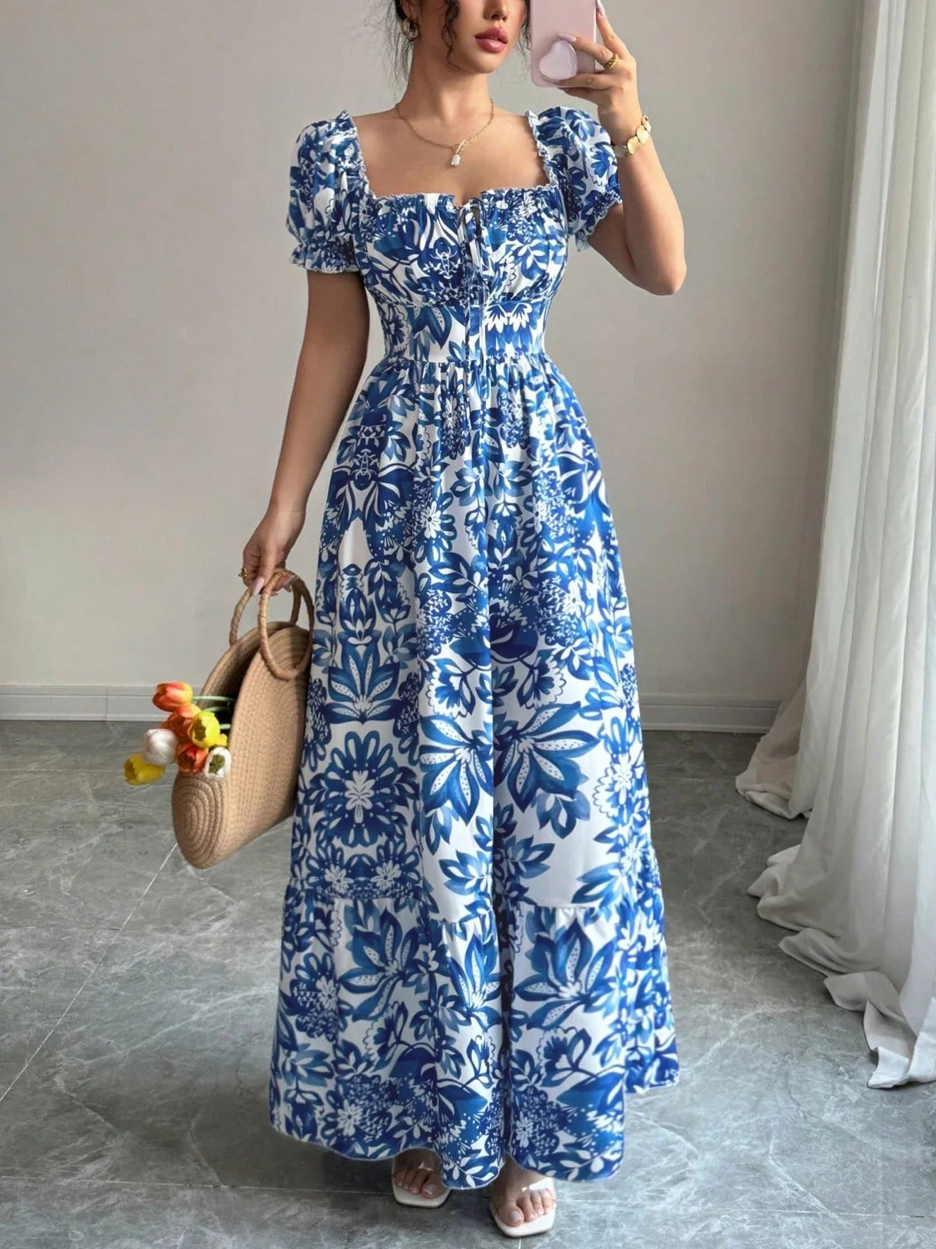 Floral Puff Sleeve Tie-Front Maxi Dress Delvore